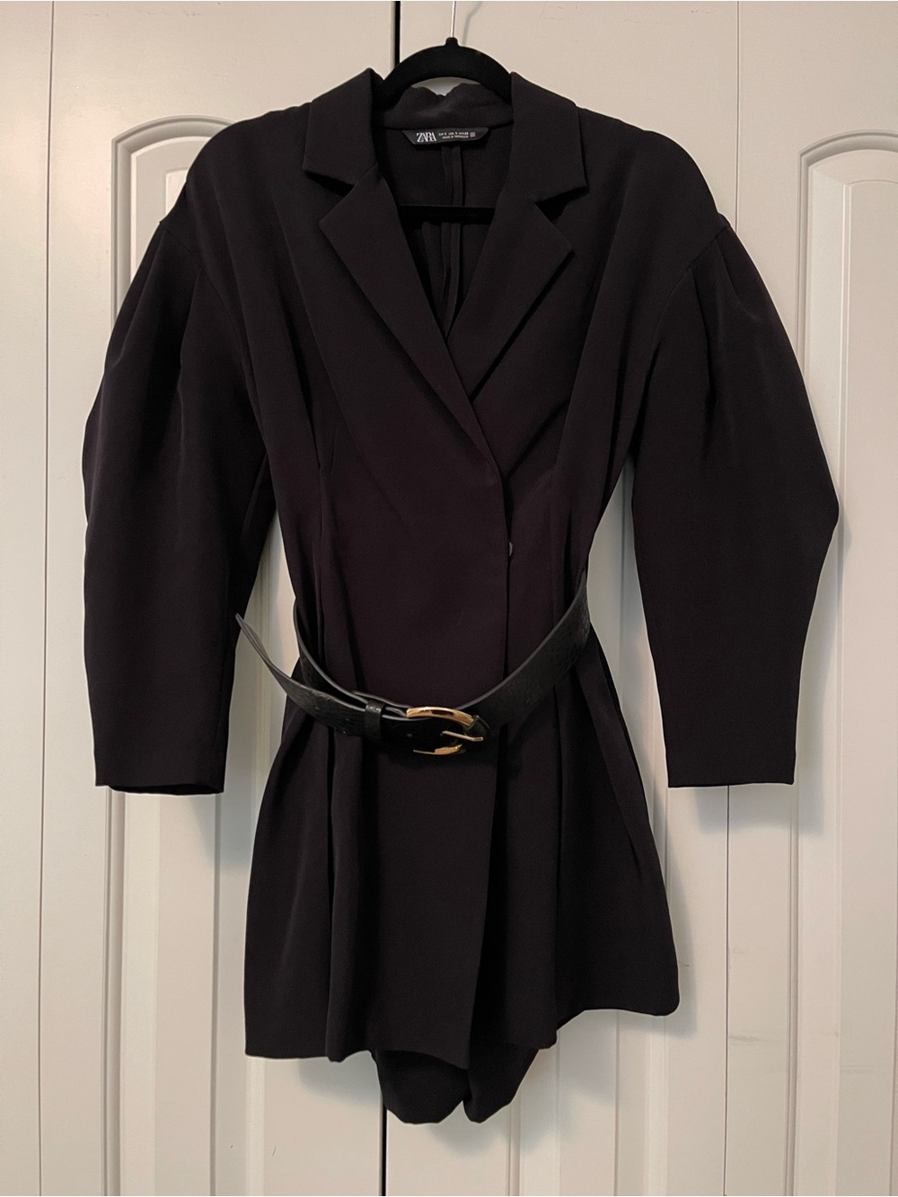 Zara Black Blazer Romper with Gold-Buckle Belt